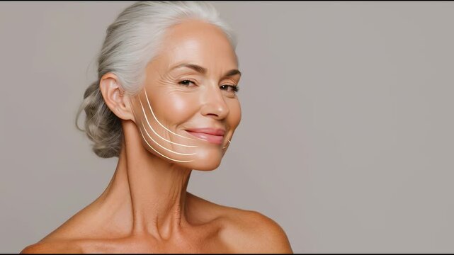 Mature woman with graceful facial lines, smiling radiantly and showcasing natural aging process, standing against soft grey backdrop highlighting skin texture