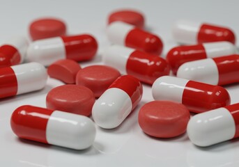 Red and White Capsules Pharmaceutical Medication Close-Up