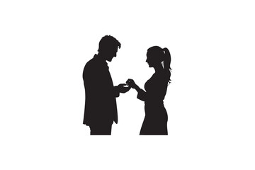 Romantic Marriage Proposal Silhouette Man Offering Ring to Woman in Black Silhouette Style