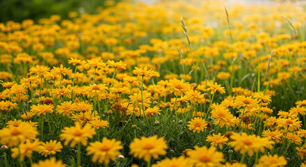 Fototapeta premium Radiant Meadow: A Lush Field of Cheerful Yellow Wildflowers Under Golden Summer Sunlight Glow