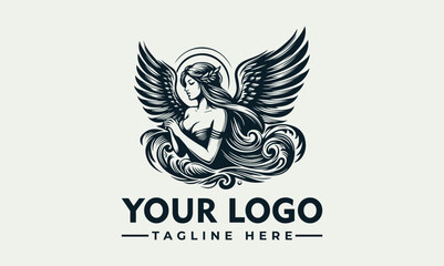 Fototapeta premium Elegant angel logo design, dark monochrome style, flowing hair, large wings, circular frame.