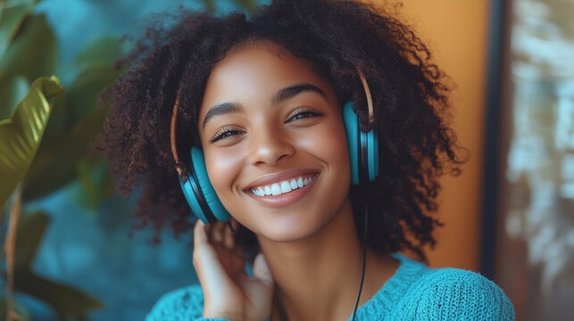 a woman smiling while listening to music with headphones