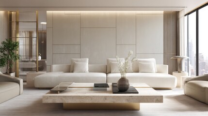 Fototapeta premium minimal luxe living, beige lacquer panels, bronze strip lights, low cream sofa, travertine table, daylight, DOF