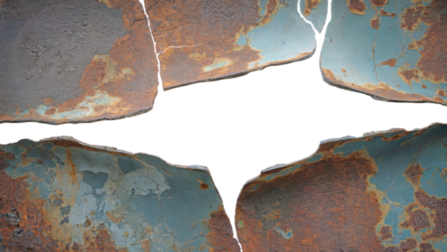 Rusted metal cracked frame with jagged tear and transparent center, oxidized iron texture for industrial grunge design, overlay, or sci-fi damage concept