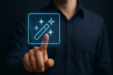 Professional close-up photo of hand touching glowing holographic magic wand icon in futuristic interface, ideal for digital technology visuals