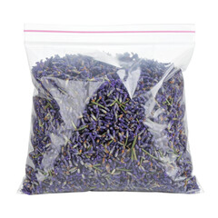 Dried purple flower petals in plastic bag