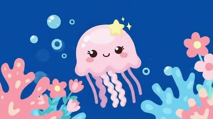 Animated Pink Jellyfish with Star in Deep Blue Ocean Scene Video - Powered by Adobe