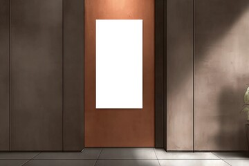 Mock up template. Vertical white blank signboard, media display, advertising billboard on brown wall inside shopping mall
