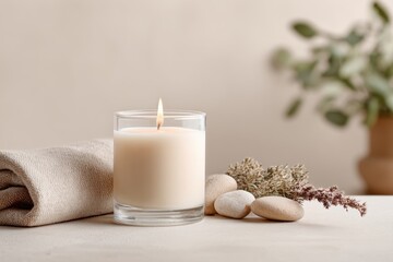 Elegant candle on a minimalist table with soothing elements for relaxation and ambiance