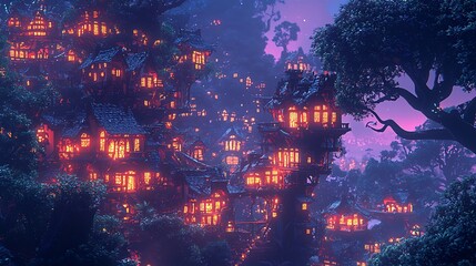 Fototapeta premium Enchanting treehouse village nestled in a lush forest illuminated by warm light