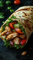 Delicious wrap filled with grilled chicken, fresh vegetables, and herbs on a dark background