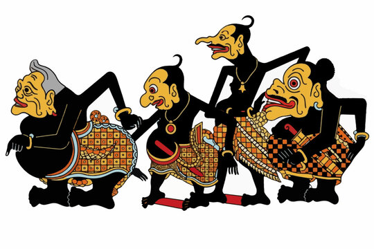 Traditional Indonesian Punakawan wayang puppet characters. Cultural heritage flat illustration.