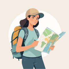 a flat vector of a young female backpacker standing and holding a map, wearing a backpack