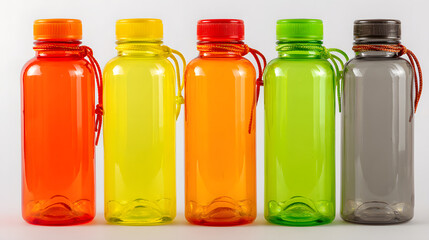 Plastic bottles with tethered caps in different colors