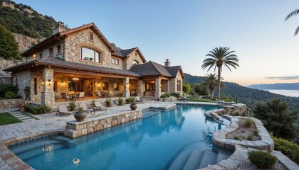 Obraz premium Luxurious stone villa with pool at sunset overlooking hills and beautiful landscape