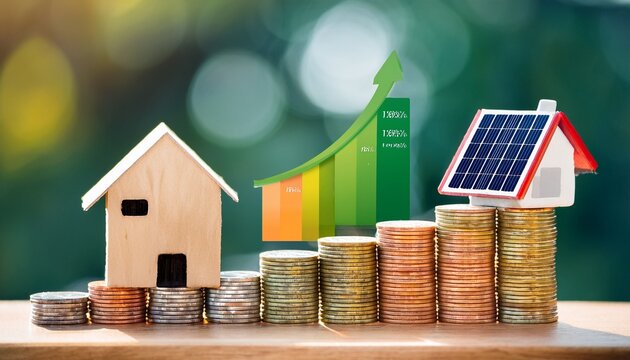 eco friendly miniature house with solar panel on coin stacks and color coded energy efficiency chart