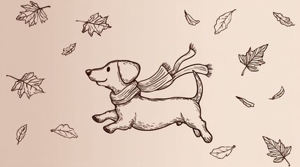 Cute dachshund wearing a scarf in autumn leaves