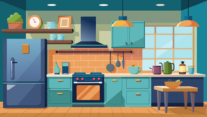 Modern kitchen interior with blue cabinets refrigerator stove and window