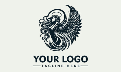 Elegant angel logo design, dark monochrome style, flowing hair, large wings, circular frame.