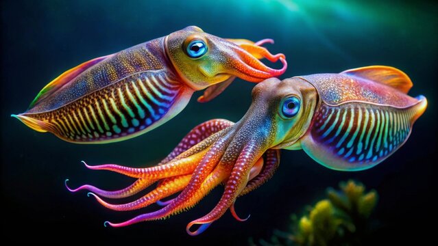 Two iridescent cuttlefish gracefully swim together in an underwater ballet of vibrant colors and mesmerizing patterns.