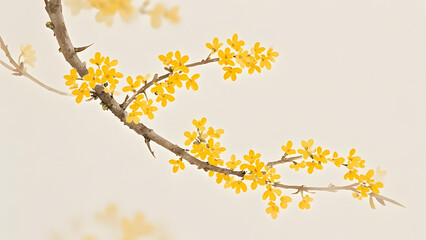 A branch with yellow osmanthus flowers against a light background