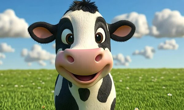 Cute cartoon cow in a grassy field