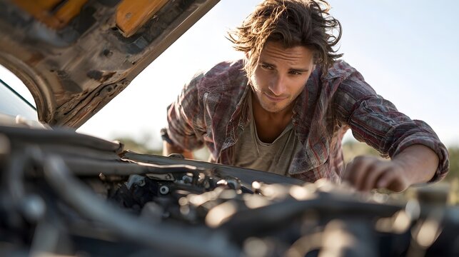 A young Caucasian man in a plaid shirt inspecting the engine of a car with a focused expression.