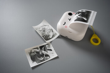 Cute instant camera printing adorable black and white photos of pets on a soft surface during a creative afternoon at home