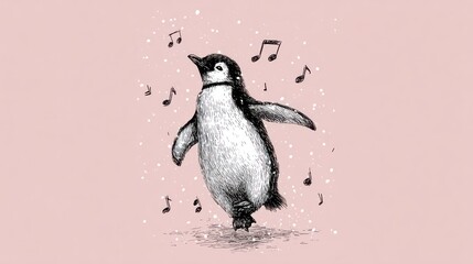A penguin dancing in a snowy landscape with musical notes