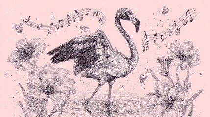 Delicate flamingo amidst flowers and music notes