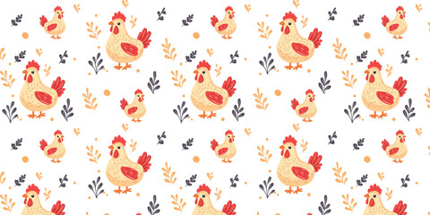 vector illustration colorful seamless pattern with funny cartoon hens