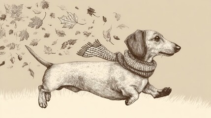 Whimsical dachshund runs through autumn leaves