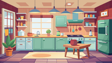 Cozy cartoon kitchen interior with green cabinets and a refrigerator