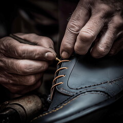 Closeup view of hands of craftsman lace black leather shoes in workshop. Dedication work, process of making unique handmade shoes. Materials and seams, profession, shoemaking