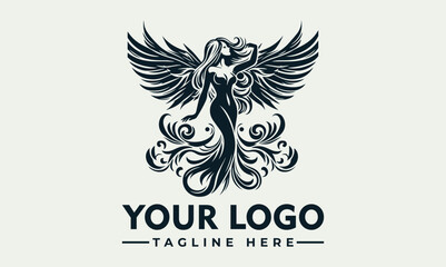 Elegant logo design featuring a winged woman with flowing hair and dress, surrounded by ornate swirls.