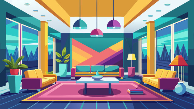 Vibrant modern living room with large windows and colorful abstract art