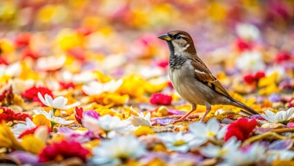 A small bird amidst a vibrant tapestry of colorful petals, basking in the warm glow of the sun's rays.
