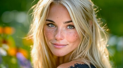 Naklejka premium A blonde woman with green eyes and red spots on her face. She is smiling and looking at the camera