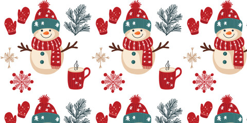  vector illustration seamless pattern with cute snowmen wearing hats and scarves in kids style