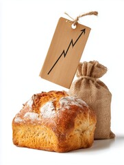 Rising Bread Prices: A loaf of freshly baked bread sits beside a burlap sack, a price tag with a rising arrow signifying increasing costs. 
