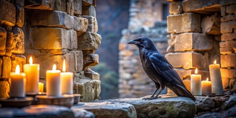 A solitary black bird perched on ancient stones, surrounded by the warm glow of flickering candlelight in a rustic stone alcove