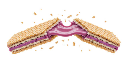 A crispy wafer bar splits open dramatically, releasing a creamy purple filling explosion against a black background.