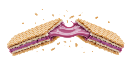 A crispy wafer bar splits open dramatically, releasing a creamy purple filling explosion against a black background.