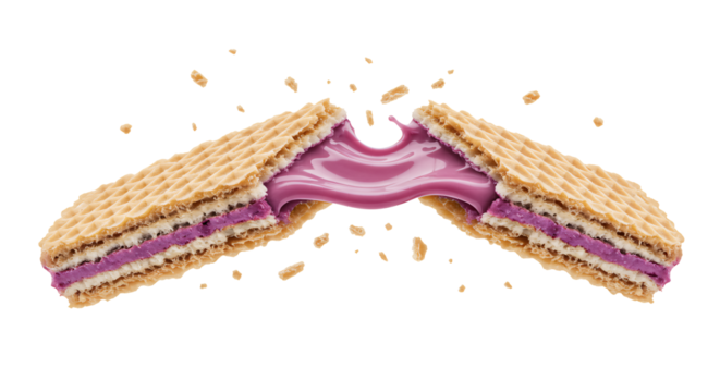 A crispy wafer bar splits open dramatically, releasing a creamy purple filling explosion against a black background.