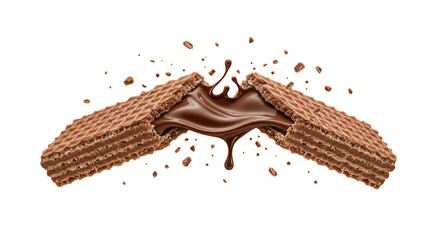 A chocolate wafer bar breaks open, revealing a luscious chocolate filling splash on a black background, representing irresistible indulgence.