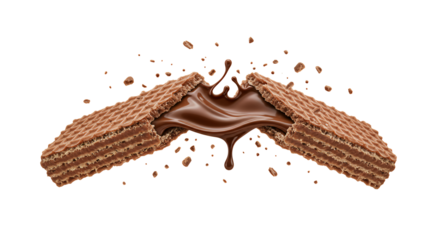 A chocolate wafer bar breaks open, revealing a luscious chocolate filling splash on a black background, representing irresistible indulgence.