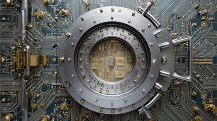 Fototapeta premium Digital Fortress: A captivating macro shot of a secure digital vault door, revealing intricate circuit board components and symbolizing data security and technological advancement.