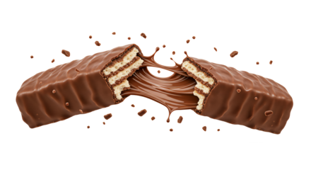 A delicious chocolate wafer bar breaks apart, revealing gooey melted caramel and crunchy layers on a clean background, perfect for satisfying sweet cravings.