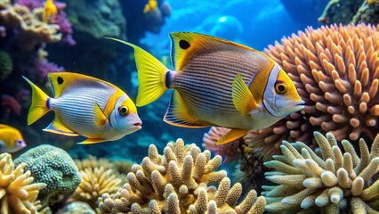 Vibrant Reef Inhabitants Two Striking Tropical Fish Gracefully Navigating a Lush Coral Garden