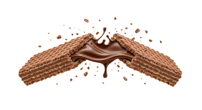 A chocolate wafer bar breaks open, revealing a luscious chocolate filling splash on a black background, representing irresistible indulgence.